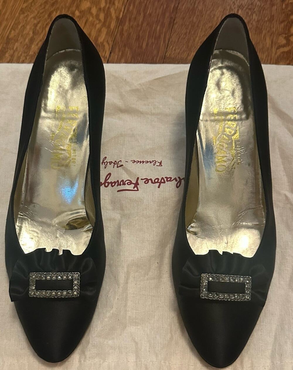 Salvatore Ferragamo Black Satin Round Toe Slip On Bow Rhinestone Pumps Sz 9